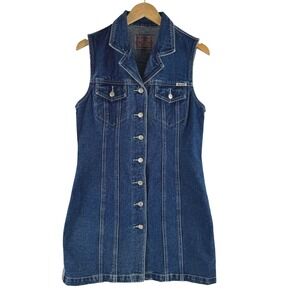 Revolt Vintage 90s Denim Mini Dress Dark Wash Button Front Y2K L Stripe
